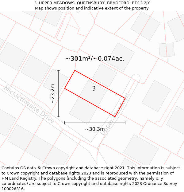 3, UPPER MEADOWS, QUEENSBURY, BRADFORD, BD13 2JY: Plot and title map