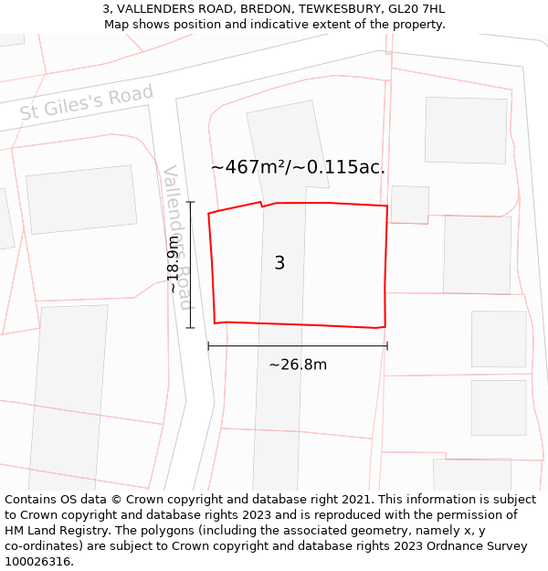 3, VALLENDERS ROAD, BREDON, TEWKESBURY, GL20 7HL: Plot and title map