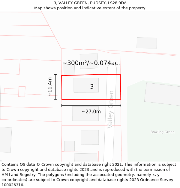 3, VALLEY GREEN, PUDSEY, LS28 9DA: Plot and title map