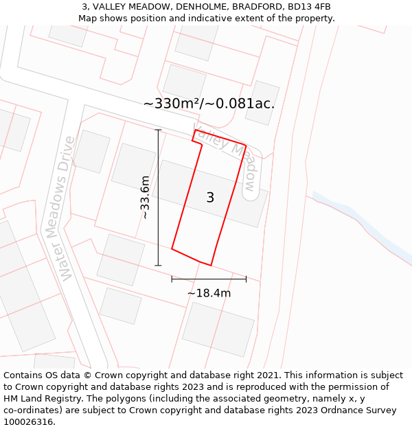 3, VALLEY MEADOW, DENHOLME, BRADFORD, BD13 4FB: Plot and title map