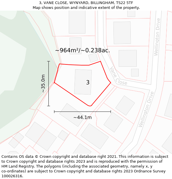 3, VANE CLOSE, WYNYARD, BILLINGHAM, TS22 5TF: Plot and title map