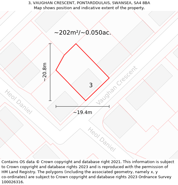 3, VAUGHAN CRESCENT, PONTARDDULAIS, SWANSEA, SA4 8BA: Plot and title map