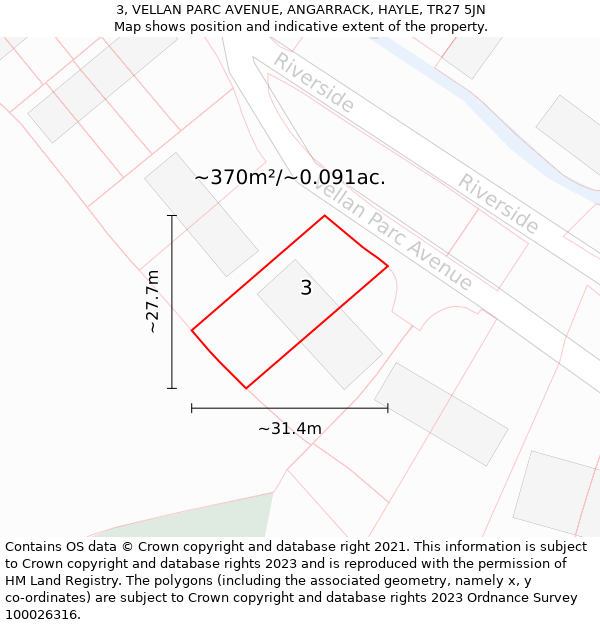 3, VELLAN PARC AVENUE, ANGARRACK, HAYLE, TR27 5JN: Plot and title map