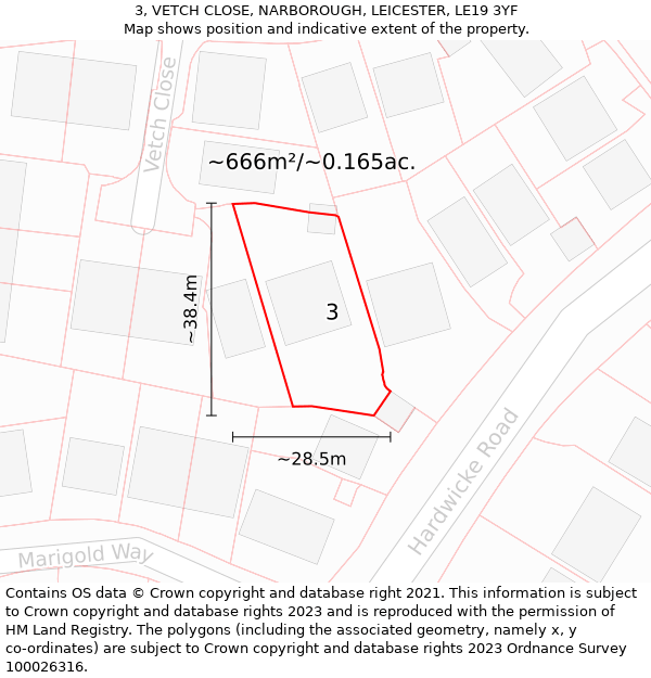 3, VETCH CLOSE, NARBOROUGH, LEICESTER, LE19 3YF: Plot and title map