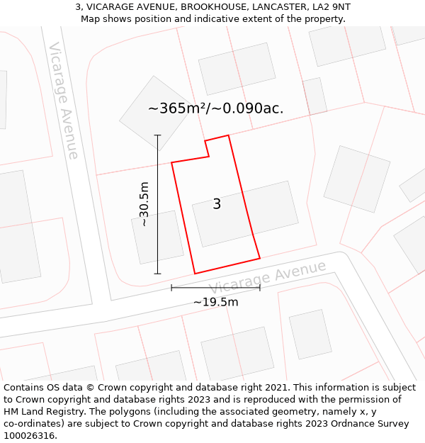 3, VICARAGE AVENUE, BROOKHOUSE, LANCASTER, LA2 9NT: Plot and title map