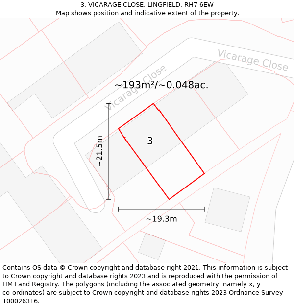 3, VICARAGE CLOSE, LINGFIELD, RH7 6EW: Plot and title map