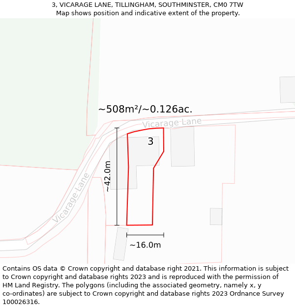 3, VICARAGE LANE, TILLINGHAM, SOUTHMINSTER, CM0 7TW: Plot and title map