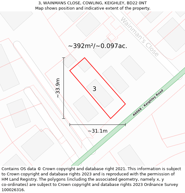 3, WAINMANS CLOSE, COWLING, KEIGHLEY, BD22 0NT: Plot and title map