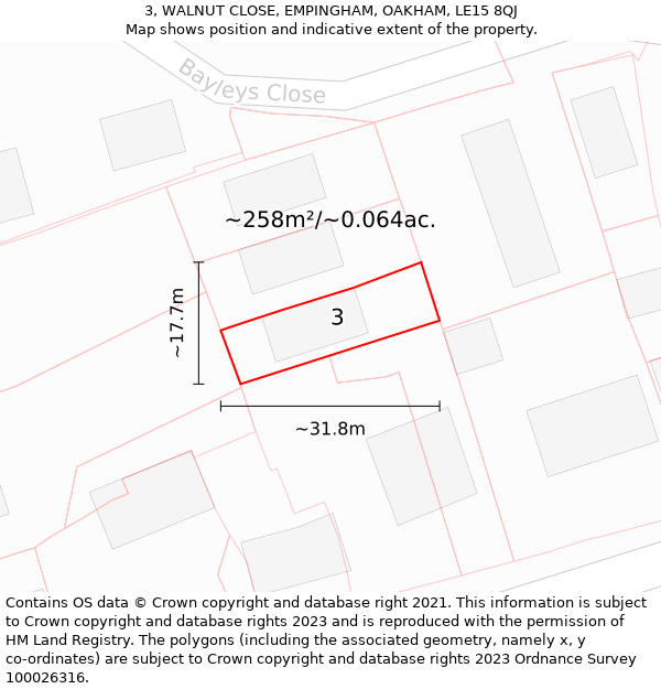 3, WALNUT CLOSE, EMPINGHAM, OAKHAM, LE15 8QJ: Plot and title map