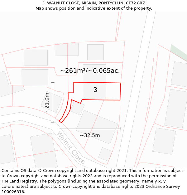 3, WALNUT CLOSE, MISKIN, PONTYCLUN, CF72 8RZ: Plot and title map