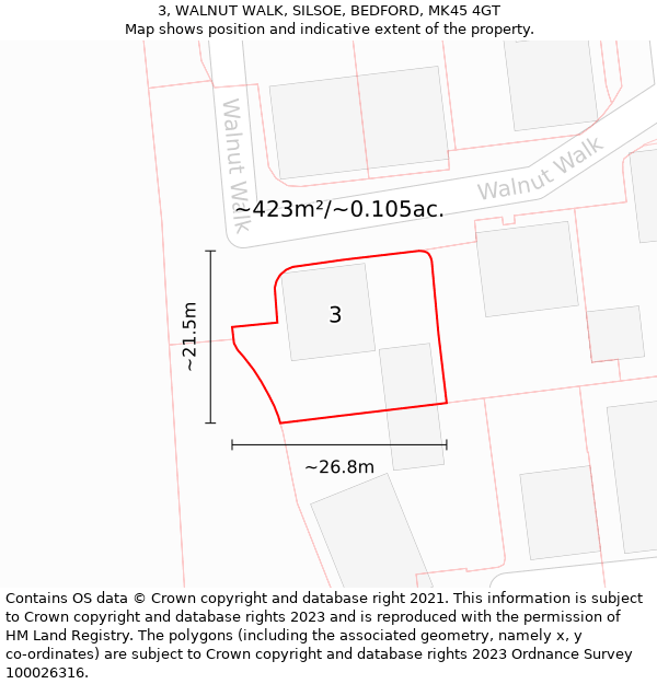 3, WALNUT WALK, SILSOE, BEDFORD, MK45 4GT: Plot and title map