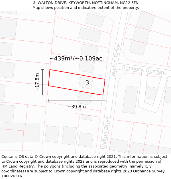 3, WALTON DRIVE, KEYWORTH, NOTTINGHAM, NG12 5FN: Plot and title map