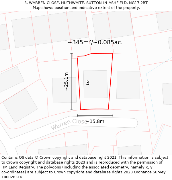 3, WARREN CLOSE, HUTHWAITE, SUTTON-IN-ASHFIELD, NG17 2RT: Plot and title map