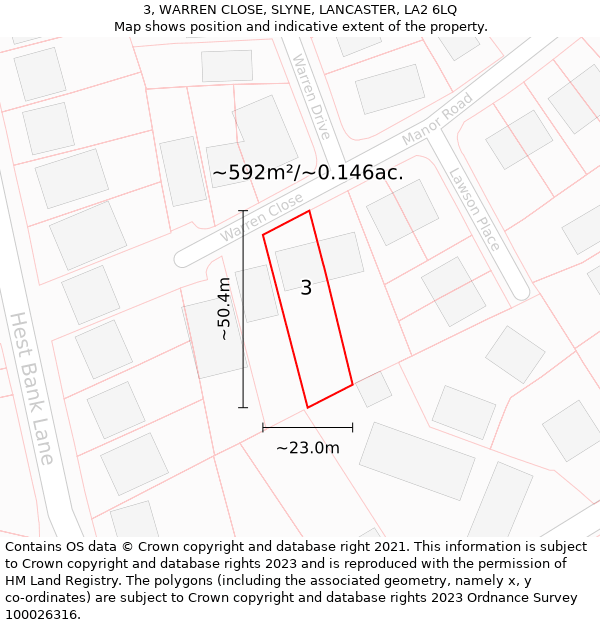 3, WARREN CLOSE, SLYNE, LANCASTER, LA2 6LQ: Plot and title map