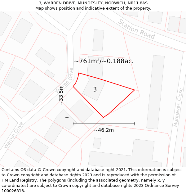 3, WARREN DRIVE, MUNDESLEY, NORWICH, NR11 8AS: Plot and title map