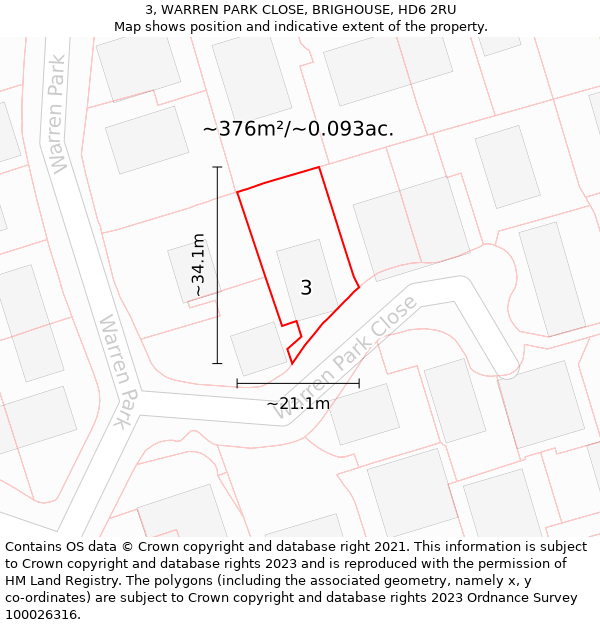 3, WARREN PARK CLOSE, BRIGHOUSE, HD6 2RU: Plot and title map