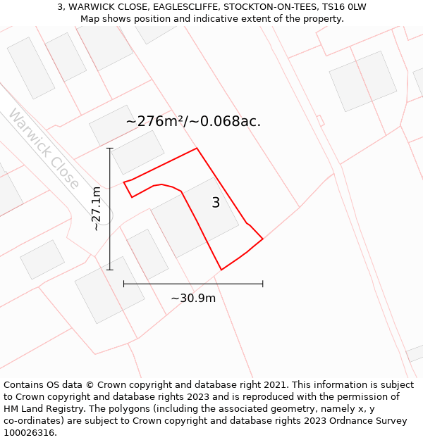 3, WARWICK CLOSE, EAGLESCLIFFE, STOCKTON-ON-TEES, TS16 0LW: Plot and title map