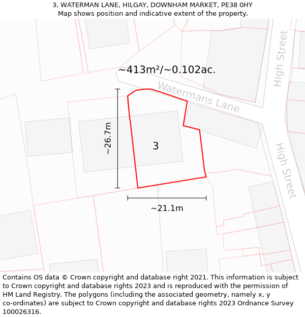 3, WATERMAN LANE, HILGAY, DOWNHAM MARKET, PE38 0HY: Plot and title map