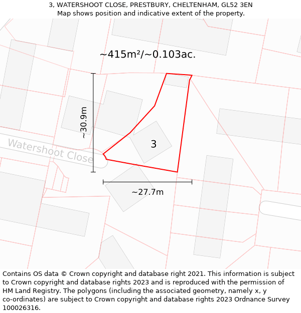 3, WATERSHOOT CLOSE, PRESTBURY, CHELTENHAM, GL52 3EN: Plot and title map