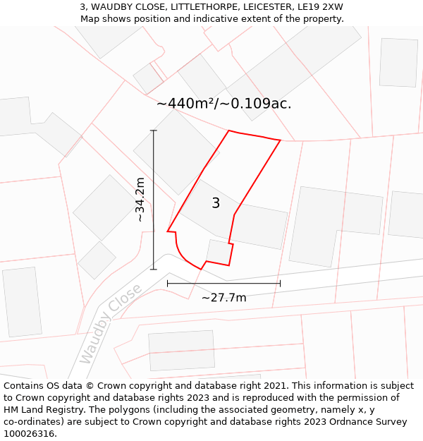 3, WAUDBY CLOSE, LITTLETHORPE, LEICESTER, LE19 2XW: Plot and title map