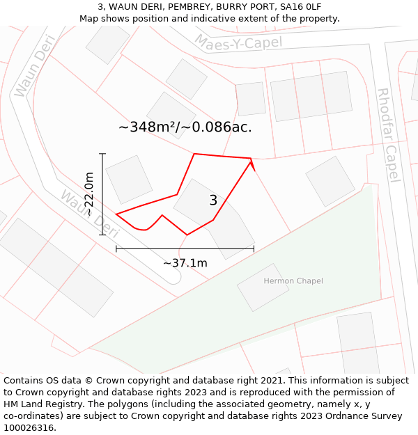 3, WAUN DERI, PEMBREY, BURRY PORT, SA16 0LF: Plot and title map