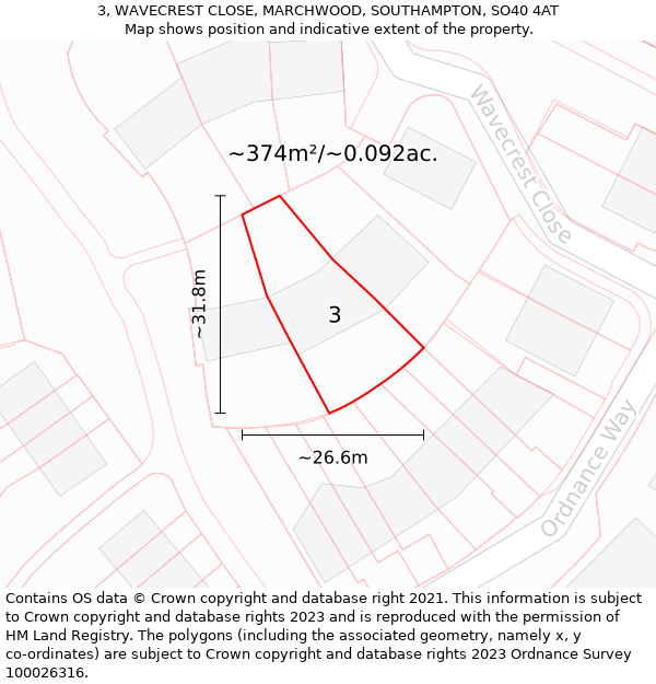 3, WAVECREST CLOSE, MARCHWOOD, SOUTHAMPTON, SO40 4AT: Plot and title map