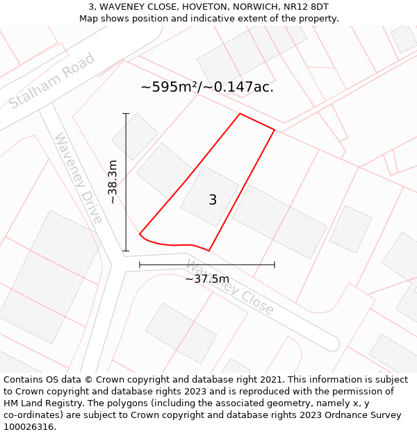 3, WAVENEY CLOSE, HOVETON, NORWICH, NR12 8DT: Plot and title map