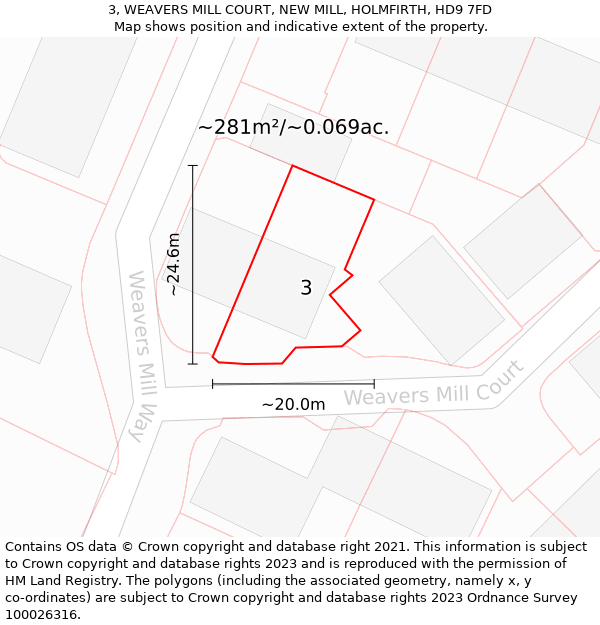 3, WEAVERS MILL COURT, NEW MILL, HOLMFIRTH, HD9 7FD: Plot and title map