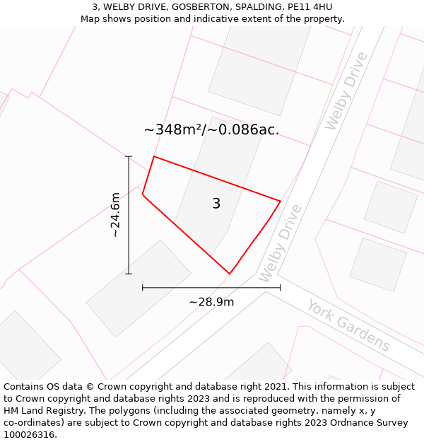 3, WELBY DRIVE, GOSBERTON, SPALDING, PE11 4HU: Plot and title map