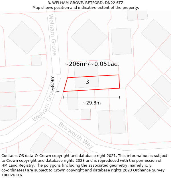 3, WELHAM GROVE, RETFORD, DN22 6TZ: Plot and title map