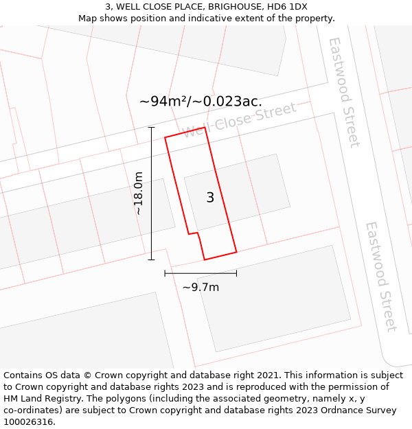 3, WELL CLOSE PLACE, BRIGHOUSE, HD6 1DX: Plot and title map