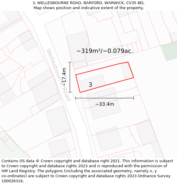 3, WELLESBOURNE ROAD, BARFORD, WARWICK, CV35 8EL: Plot and title map