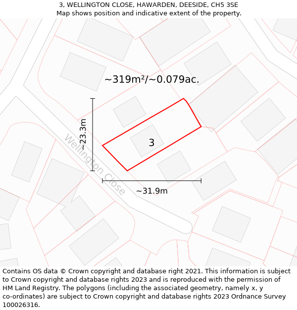 3, WELLINGTON CLOSE, HAWARDEN, DEESIDE, CH5 3SE: Plot and title map