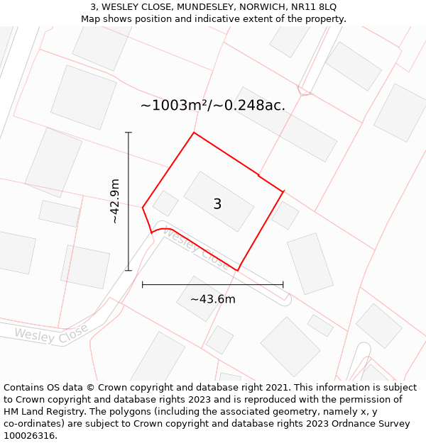 3, WESLEY CLOSE, MUNDESLEY, NORWICH, NR11 8LQ: Plot and title map