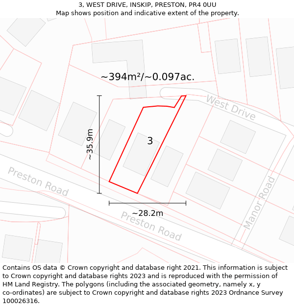 3, WEST DRIVE, INSKIP, PRESTON, PR4 0UU: Plot and title map