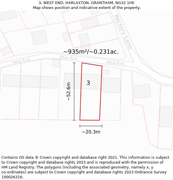 3, WEST END, HARLAXTON, GRANTHAM, NG32 1HE: Plot and title map