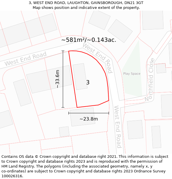 3, WEST END ROAD, LAUGHTON, GAINSBOROUGH, DN21 3GT: Plot and title map