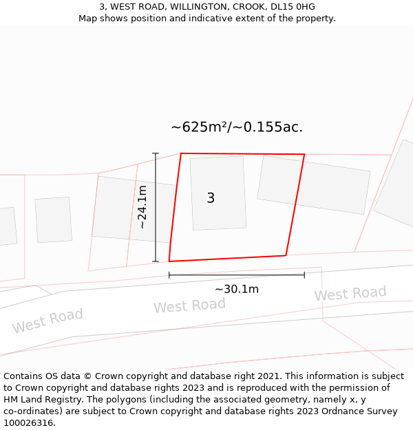3, WEST ROAD, WILLINGTON, CROOK, DL15 0HG: Plot and title map