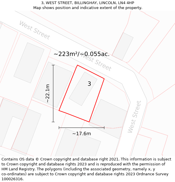 3, WEST STREET, BILLINGHAY, LINCOLN, LN4 4HP: Plot and title map