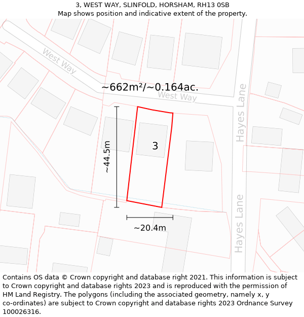 3, WEST WAY, SLINFOLD, HORSHAM, RH13 0SB: Plot and title map