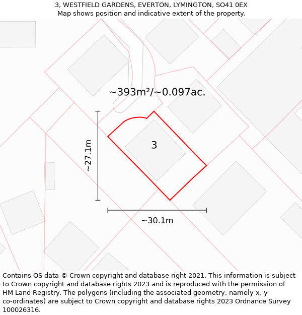3, WESTFIELD GARDENS, EVERTON, LYMINGTON, SO41 0EX: Plot and title map