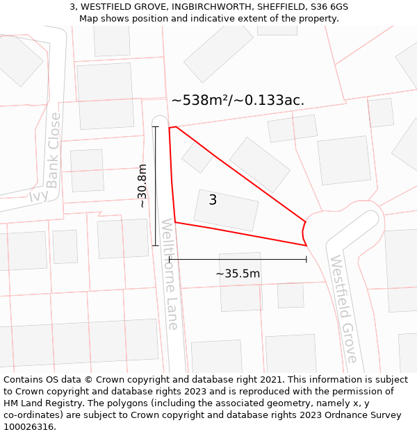 3, WESTFIELD GROVE, INGBIRCHWORTH, SHEFFIELD, S36 6GS: Plot and title map