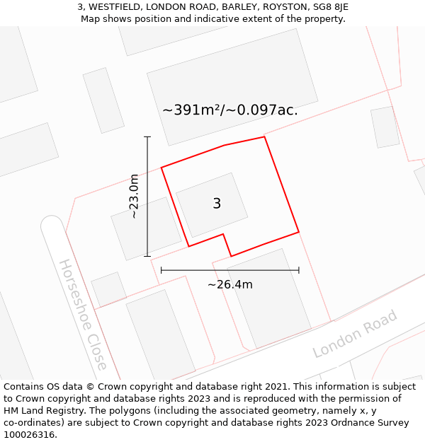 3, WESTFIELD, LONDON ROAD, BARLEY, ROYSTON, SG8 8JE: Plot and title map