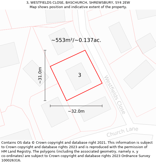 3, WESTFIELDS CLOSE, BASCHURCH, SHREWSBURY, SY4 2EW: Plot and title map