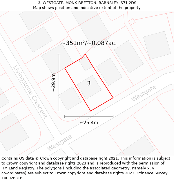 3, WESTGATE, MONK BRETTON, BARNSLEY, S71 2DS: Plot and title map