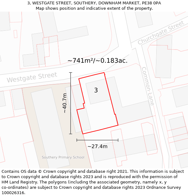 3, WESTGATE STREET, SOUTHERY, DOWNHAM MARKET, PE38 0PA: Plot and title map