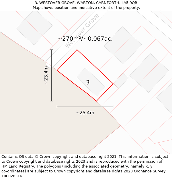 3, WESTOVER GROVE, WARTON, CARNFORTH, LA5 9QR: Plot and title map