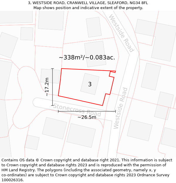 3, WESTSIDE ROAD, CRANWELL VILLAGE, SLEAFORD, NG34 8FL: Plot and title map