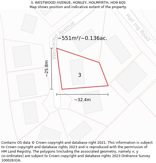 3, WESTWOOD AVENUE, HONLEY, HOLMFIRTH, HD9 6QS: Plot and title map