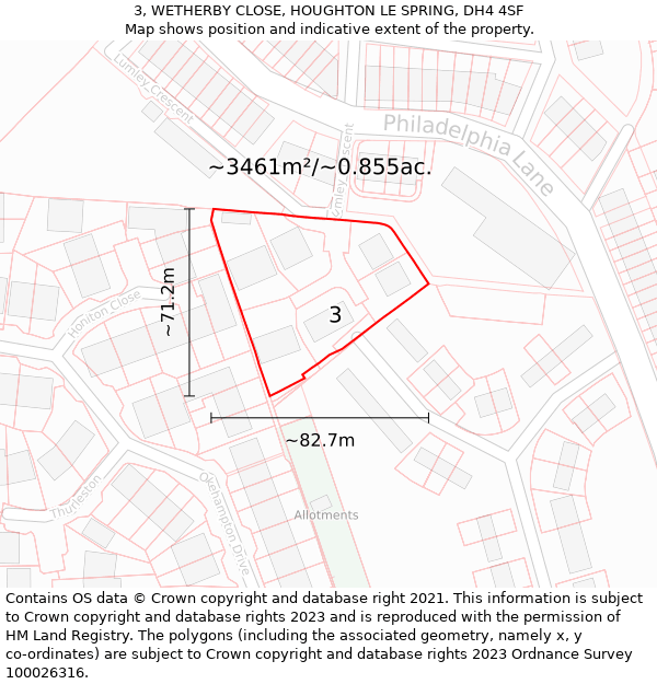 3, WETHERBY CLOSE, HOUGHTON LE SPRING, DH4 4SF: Plot and title map